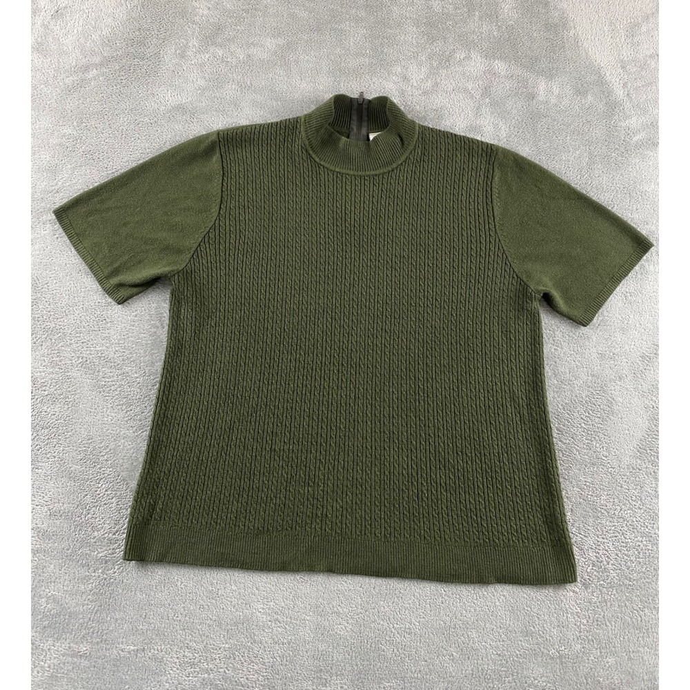 Koret Womens Olive Green Cable Knit Mock Neck Short Sleeve Zipper Sweater Large